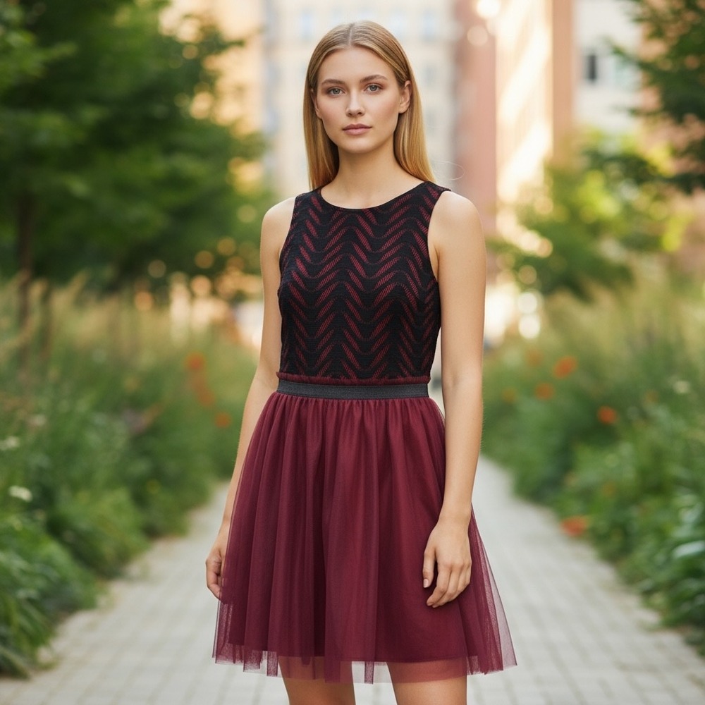 Speechless Black‎ Red Chevron Lace Tulle Skater Dress S Women Sleeveless Grunge